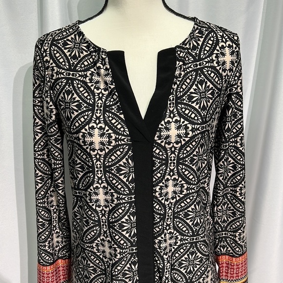 Ivy Ridge printed long sleeve top - orange, black, cream, yellow & maroon - Picture 2 of 11